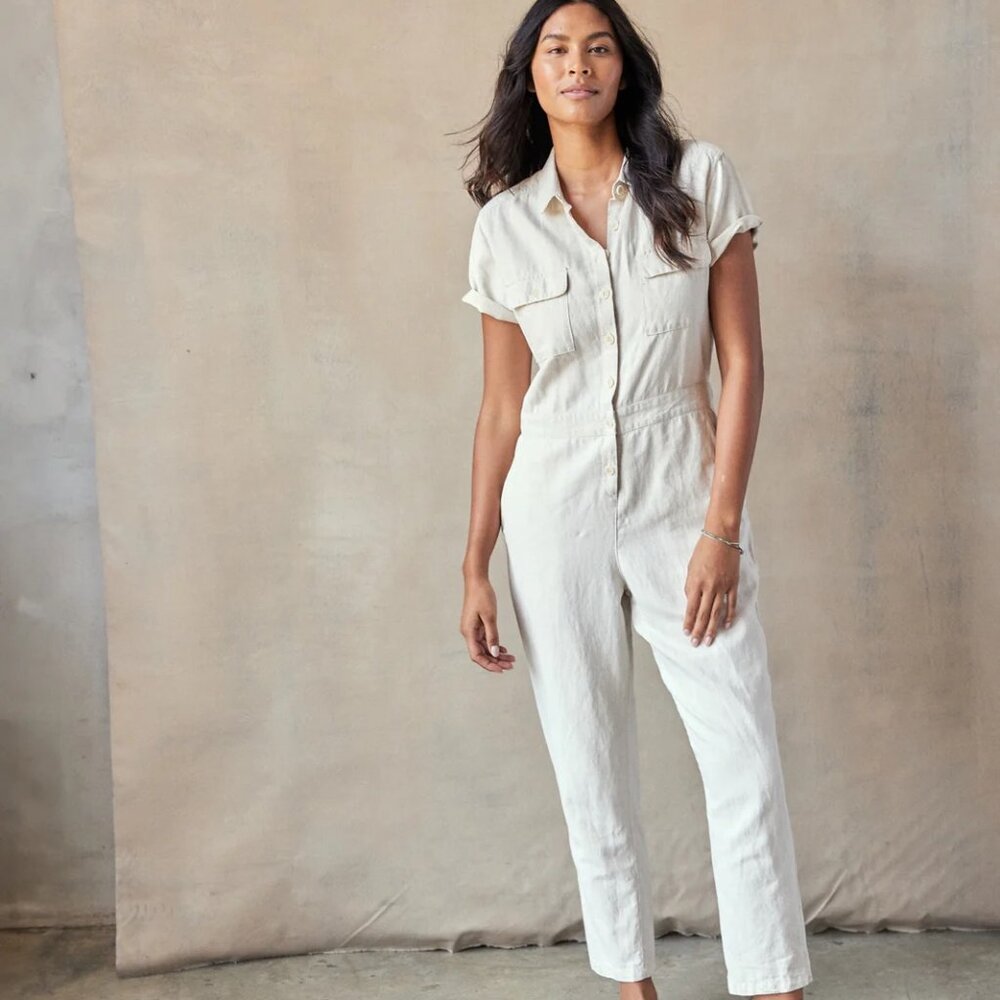 NWT Outerknown S.E.A LONG SLEEVE Jumpsuit, Organic Cotton + Linen, Small, White